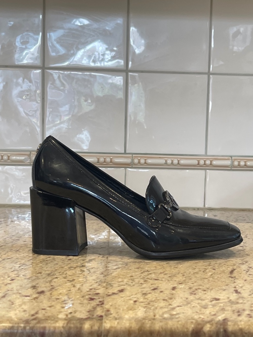 Black Patent Blocked Heeled Loafers